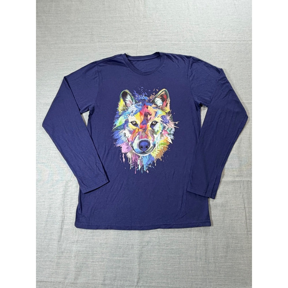 Gildan Navy Blue Long Sleeve Wolf Graphic T-Shirt Unisex Small XT64735 Rainbow